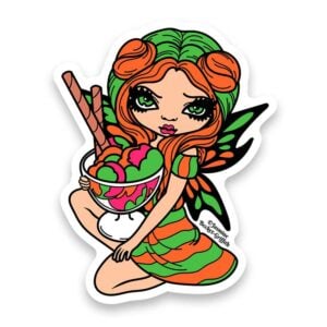 Fairy with orange and green striped dress and orange and green hair holding a bowl of rainbow sherbet.