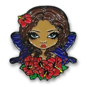 Enamel pin portrait of a Hawaiian fairy with medium brown skin and wavy brown hair, dark blue wings, and red hibiscus flowers.