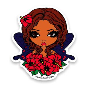 Portrait of a Hawaiian fairy with dark skin and brown wavy hair, dark blue wings, and red hibiscus flowers.