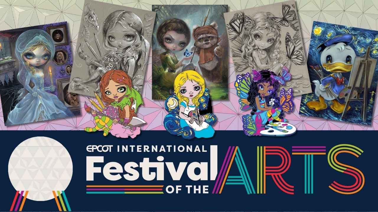 Multiple paintings and sketches by artist Jasmine Becket-Griffith and three new exclusive pins - a painting fairy with a dragon, an alice in. a van gogh nocturne with a painting palette, and a fairy painting butterflies.