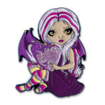 Fairy with pale purple and pink striped hair, purple dragon wings, and purple dress, sitting and holding a glittery pink heart with a small purple dragon perched on top