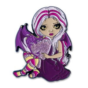 Fairy with pale purple and pink striped hair, purple dragon wings, and purple dress, sitting and holding a glittery pink heart with a small purple dragon perched on top