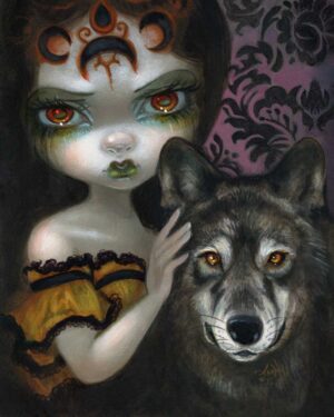 Big-eyed priestess with dark hair and crown, wearing a gold dress with black trim, petting a wolf, and baroque black and rose wallpaper in the background