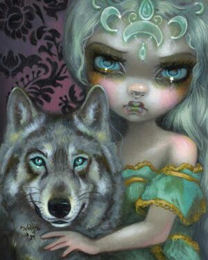 Big-eyed priestess with silver heair, crown with moon shapes, and jade green dress embracing a wolf with a baroque flocked wallpaper in rose and black in the background